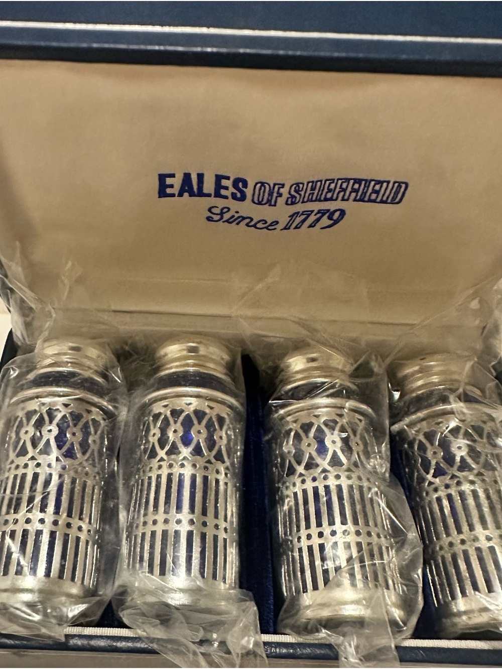 Vintage Eales of Sheffield Silverplate Cobalt Blue Salt and Pepper Shakers